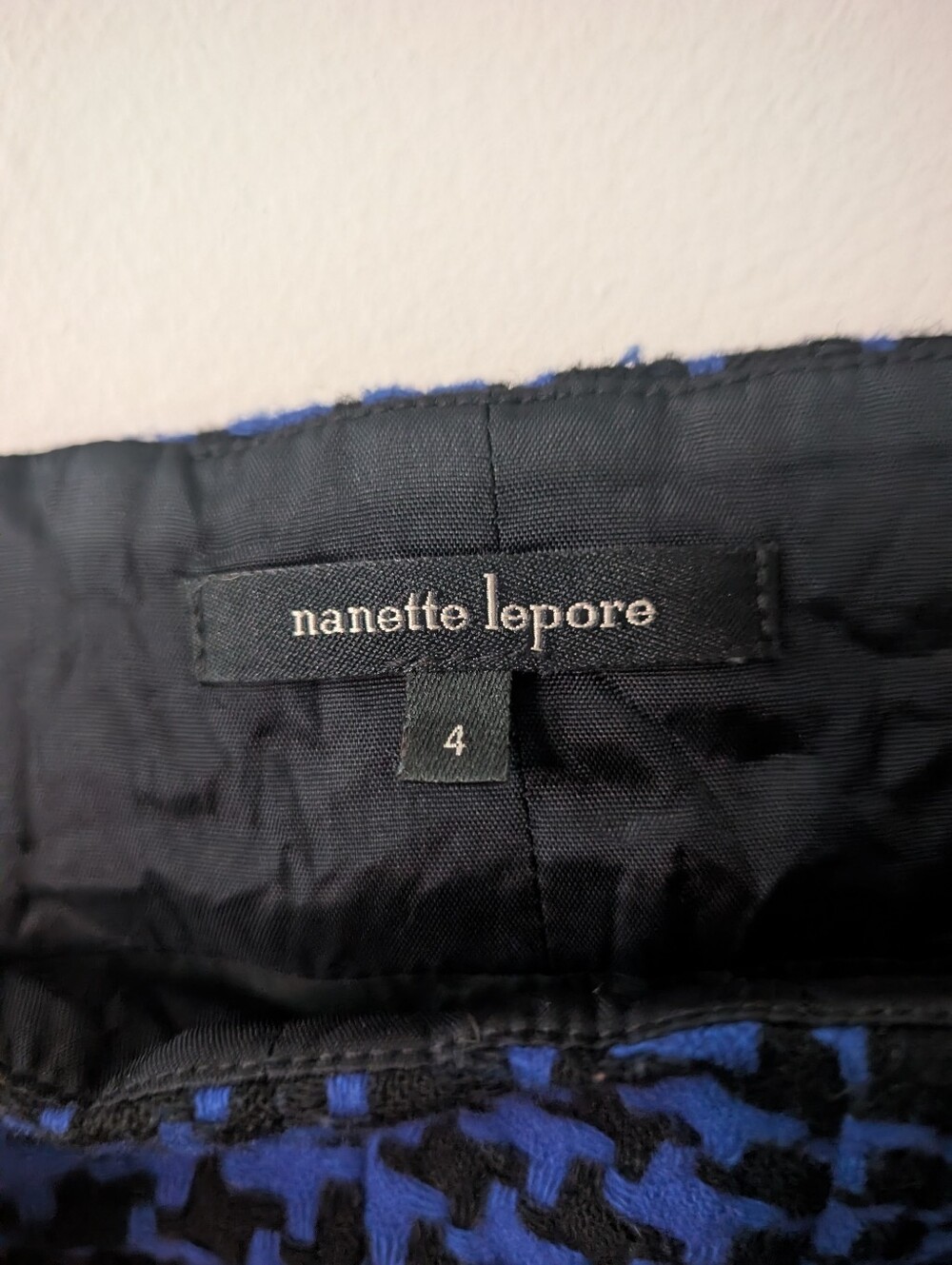 Nanette Lepore Black And Blue Houndstooth Peplum Wool Skirt With Fringe Size 4 - Picture 2 of 5